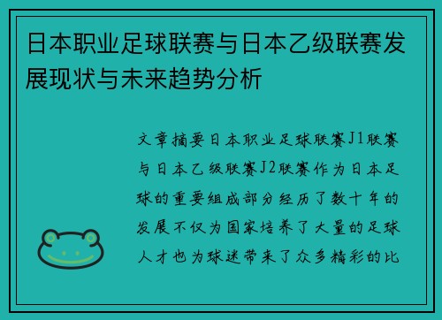 日本职业足球联赛与日本乙级联赛发展现状与未来趋势分析