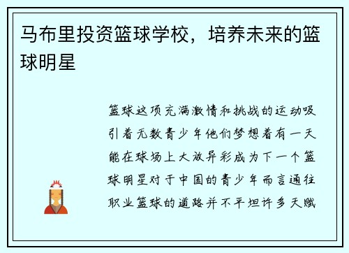 马布里投资篮球学校，培养未来的篮球明星